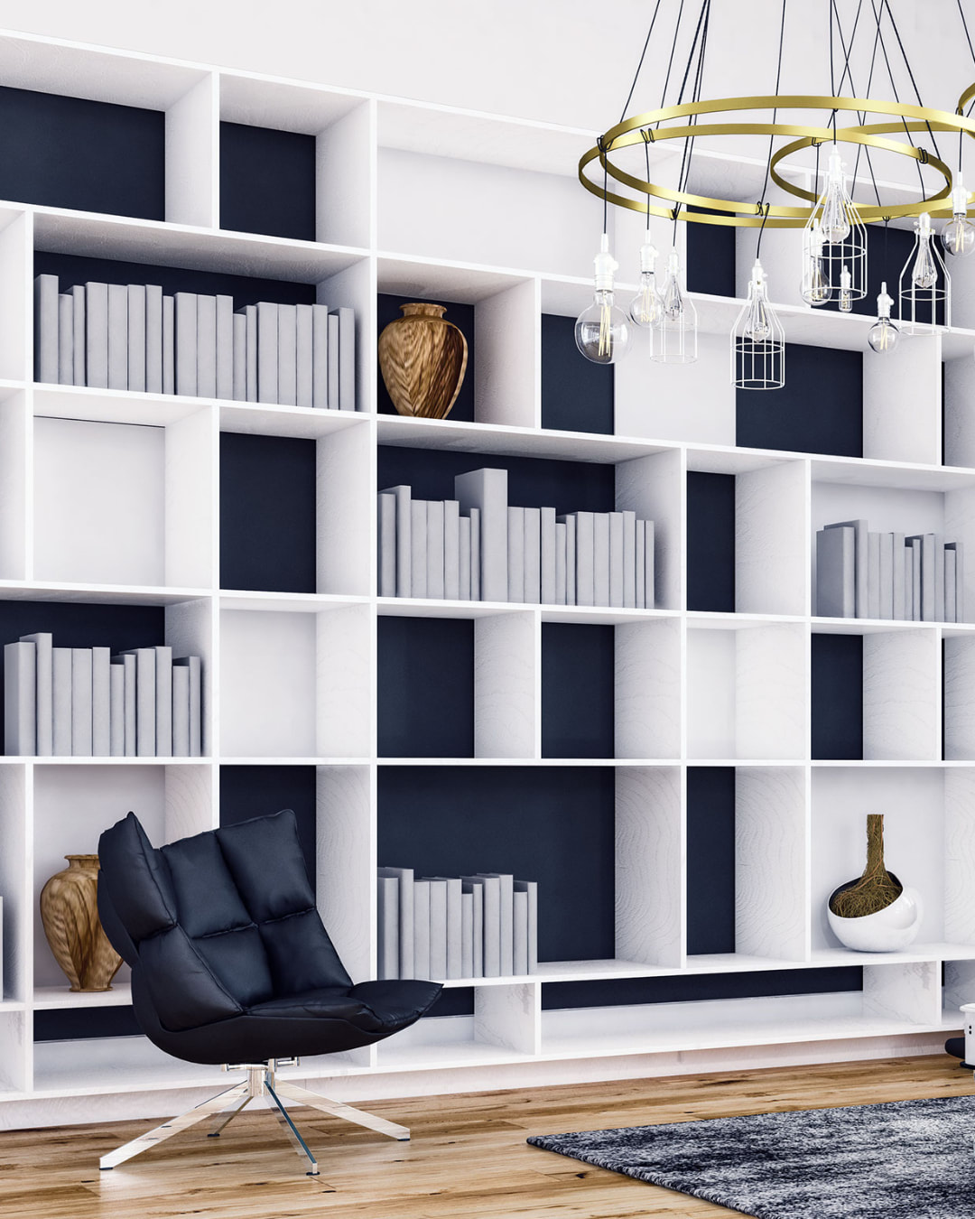 Unique custom bookcase for home office storage solutions - white with dark navy backing, every other book case pocket - custom library solutions for your home office - Lake Charles LA - ShelveIt